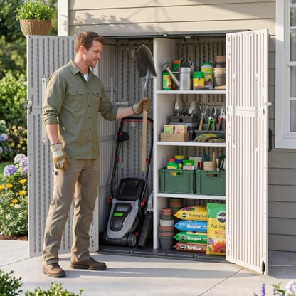 Macrout 50 Cu.Ft Plastic Outdoor Storage Cabinet with Shelves, 4.5 x 2 ft Waterproof Resin Outdoor Storage Shed with Floor, Lockable Vertical Shed for Garden and Patio ST2269 - size: Medium