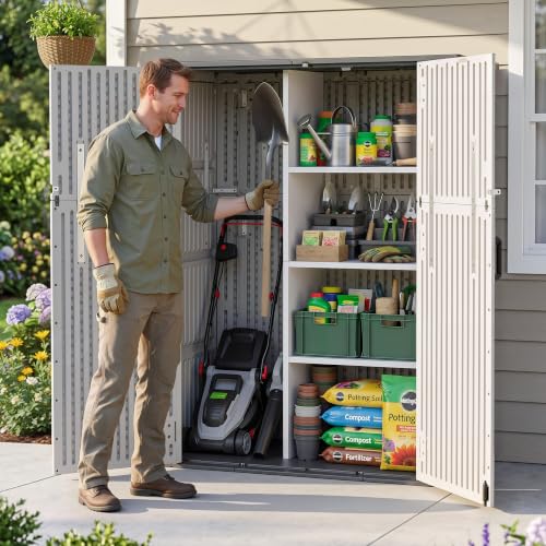 Macrout 50 Cu.Ft Plastic Outdoor Storage Cabinet with Shelves, 4.5 x 2 ft Waterproof Resin Outdoor Storage Shed with Floor, Lockable Vertical Shed for Garden and Patio ST2269 - size: Medium