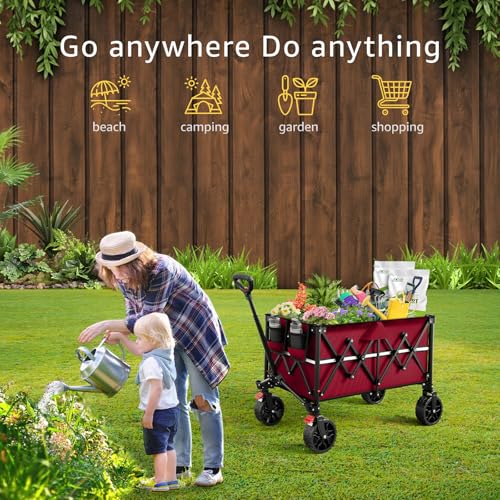 ROSONG Collapsible Wagon Cart with Wheels Foldable - Folding Utility Heavy Duty Wagons Carts for Grocery Sports Garden Shopping Camping Wheelbarrows (Burgundy, 150L) - color: Burgundy, size: 150L