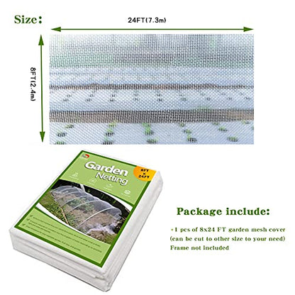 8x24ft Garden Netting Pest Barrier, 0.8mm Ultra Fine Mesh Plant Cover for Vegetables Fruits Flowers, Durable Mesh Screen for Raised Garden Beds, Row Cover, Shield for Cicadas, Birds, & Wildlife