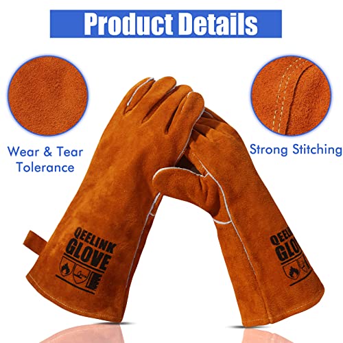 QeeLink Welding Gloves for Men - Fireproof Leather and Stitching - color: Brown (16-inch)