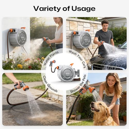 Retractable Garden Hose Reel, 1/2 Inch x 85 ft Wall Mounted, Heavy Duty Garden Hose Reel with 9 Patterns Nozzle, Any Length Lock, Upgraded Slow Return System and 180°Swivel Bracket (1/2" 85FT) - size: 1/2" 85FT