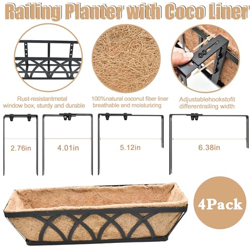 Flat Railing Planter Window Box 4 Pack 24" Horse Trough Planter with Coco Fiber Liner Metal Window Planter Box Deck Balcony Rail Planter for Outdoor Porch Fence Patio