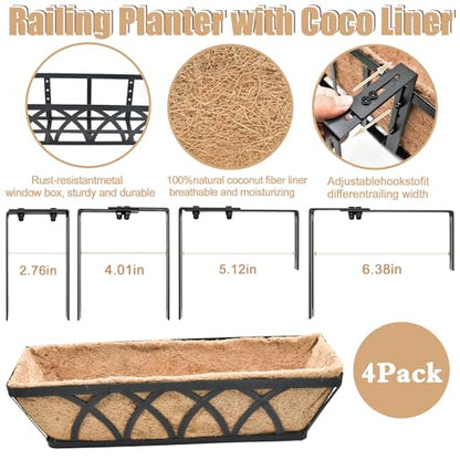 Flat Railing Planter Window Box 4 Pack 24" Horse Trough Planter with Coco Fiber Liner Metal Window Planter Box Deck Balcony Rail Planter for Outdoor Porch Fence Patio