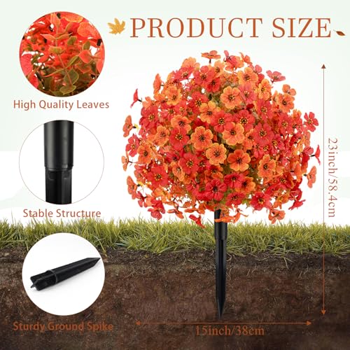 2 Pack 23" Fall Artificial Mums Flowers Topiary Balls with Ground Spikes - color: Orange & Red