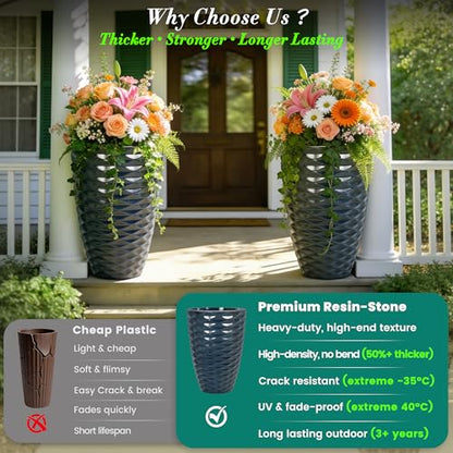 19" Wavy Ceramic-Look Outdoor Planters for Plants Set of 2 Tall Pots - color: 19"h-navy Blue Wavy
