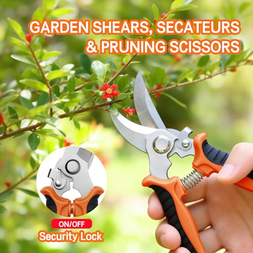 3PCS Garden Pruning Shears Set - Heavy Duty Bypass Pruners, Sharp Stainless Steel Gardening Scissors with Ergonomic Handle, Secateurs for Plants, Flowers, Fruit Trees, Bush Trimming (Orange) - color: Orange
