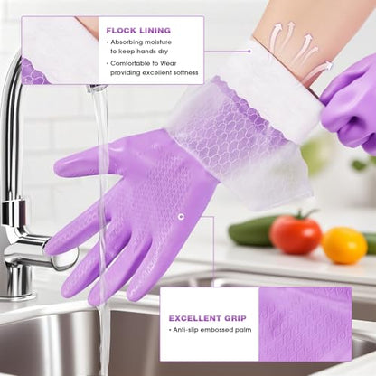 Elgood Reusable Long Dishwashing Cleaning Gloves with Latex Free, Long Cuff,Cotton Lining,Kitchen Gloves 2 Pairs,Purple+Blue Medium - color: Long Cuff-purple+blue, size: Medium (Pack of 2)