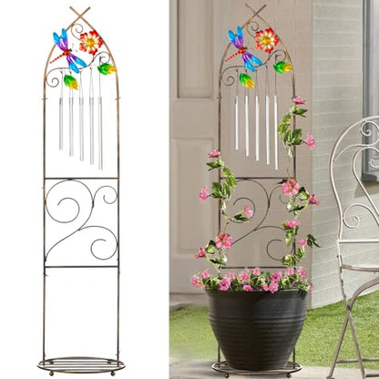 Garden Trellis with Plant Stands, 48” Metal Detachable Dragonfly Plant Pot Trellis with Wind Chimes for Climbing Plants Outdoor Lawn Patio Porches Decor