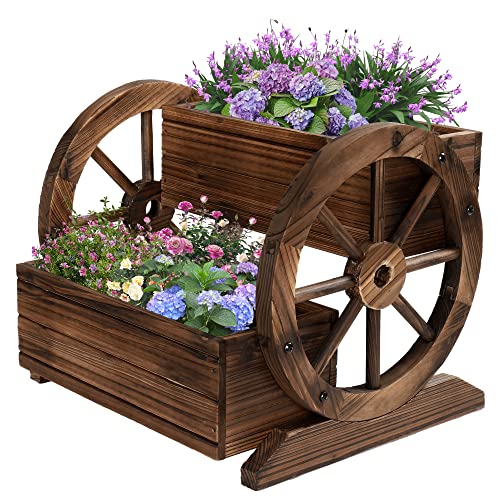 OIPRTGFJ Wooden Wagon Planter Box, Garden Planter with Wheels,Decorative Planter for Flowers Herbs Vegetables for Indoor & Outdoor Décor, Flower Cart for Patio Garden Balcony - color: 2-tier Planter Box --1pc