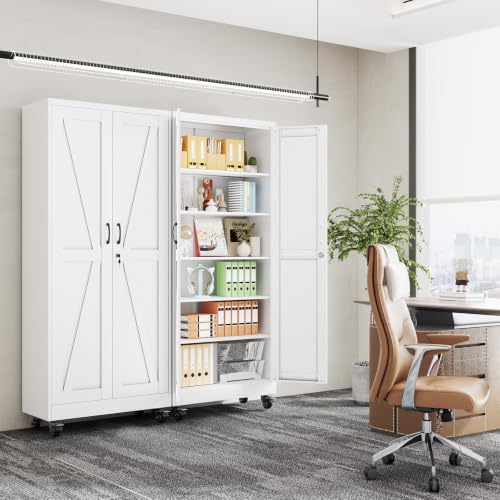 erosoe 75" H Metal Garage Storage Cabinet, Rolling Tool Cabinet with 2 Doors and Wheels, Locker Steel Cabinet with 5 Adjustable Shelves, Organization Cabinet for Garage,Office,Home,Gym,School-White - color: White, size: 75" CasLck-M