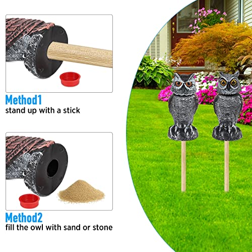 Hedoc 2 Pack Fake Owl Decoys to Scare Birds Away, Rotating Head Bird Deterrents, Nature Enemy Scarecrow Plastic Statues, Pest Repellent for Gardens and Patios - size: 10+11 Inch