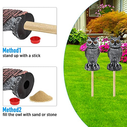 Hedoc 4 Pack Fake Owl Decoys to Scare Birds Away, Rotating Head Bird Deterrents, Nature Enemy Scarecrow Plastic Statues, Pest Repellent for Gardens and Patios - size: 10+11 Inch (Pack of 2)
