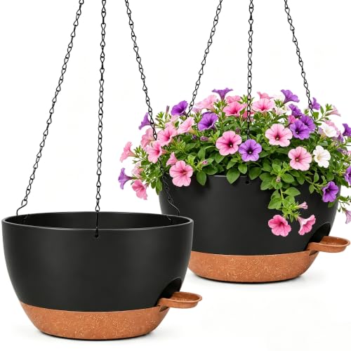 2 Pack 10 Inch Self Watering Hanging Planters for Indoor Plants, Large Black Brown Plastic Hanging Pots with Chains for Outdoor Patio Garden Home Decor (Black Brown) - color: Black Brown, size: 2 pack 10 inches