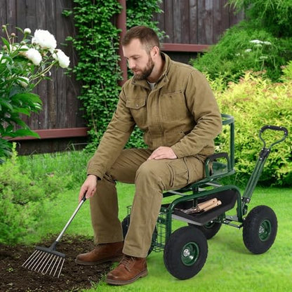 Rolling Garden Cart with Seat, Garden Workseat with 360-Degree Swivel - color: Green+backrest