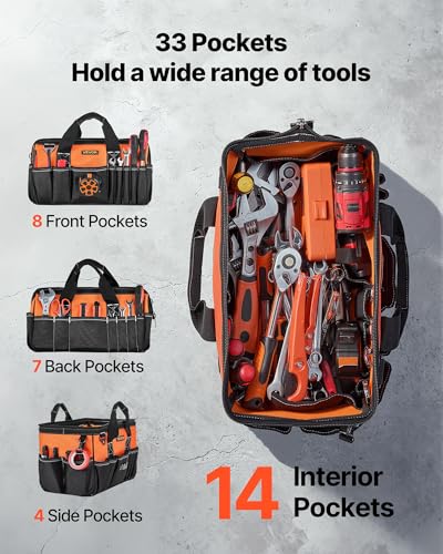 VEVOR Tool Bag, 15.7 Inch, 33-Pocket Portable Tool Box Organizer Storage, Toolbox with Soft Handle, Large Zipper, Adjustable Shoulder Strap, Carrying Toolbag, for Men Women Dad Husband Fathers Day