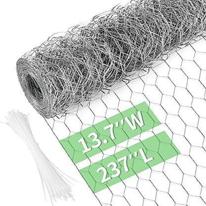Miuwauer Chicken Wire Chicken Wire 13.7 in x 237 in Poultry Wire Netting Hexagonal Galvanized Mesh Garden Fence Barrier for Pet Rabbit Chicken Fencing with 100 Pcs Cable Zip Ties - color: Silver, size: 13.7"x237"+100Ties