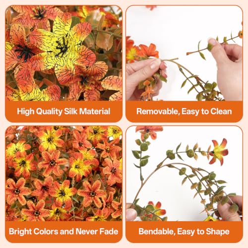 6 Pcs Artificial Hanging Mums for Outdoors, UV Resistant Fake Fall Flowers - color: Yellow Orange