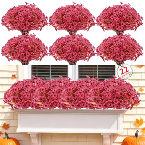 Powbrace 22 Pack Artificial Fall Flowers Mums for Outdoor Indoor(Dark Red) - color: Dark Red, size: 22 Bundles