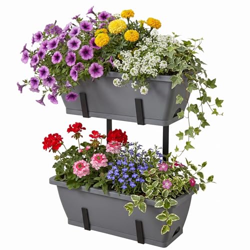 CADUKE 2 Tier Deck Railing Planter Boxes, Adjustable Hanging Railing Planter, Outdoor Railing Flower Boxes, Window Flower Boxes for Deck Railings, Gray - color: Gray