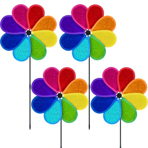 4 PCS 11.4" W x 28" H Reflective Pinwheels Sparkly Lawn Wind Spinners Colorful Rainbow Windmill for Garden Decoration Bird Devices Deterrent to Scare Birds Away（Multicolor） - color: Multicolor
