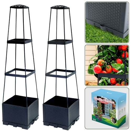 2 Packs Raised Garden Bed Tomato Planter Box with Trellis,44.8" Self-Watering Tomato Cage with Trapezoidal Trellis for Climbing Plants Flowers Vegetables Vine in Patio Garden Indoor Outdoor - size: 3 Tiers-44.8"