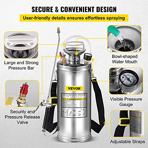 Happybuy 2 Gallon Stainless Steel Sprayer, 20" Wand & 3FT Reinforced Hose, Hand Pump Sprayer with Pressure Gauge, Safety Valve & Adjustable Nozzle, Weed Sprayers for Lawn, Gardening &Sanitizing1 - size: 2 Gallon