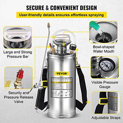 Happybuy 2 Gallon Stainless Steel Sprayer, 20" Wand & 3FT Reinforced Hose, Hand Pump Sprayer with Pressure Gauge, Safety Valve & Adjustable Nozzle, Weed Sprayers for Lawn, Gardening &Sanitizing1 - size: 2 Gallon