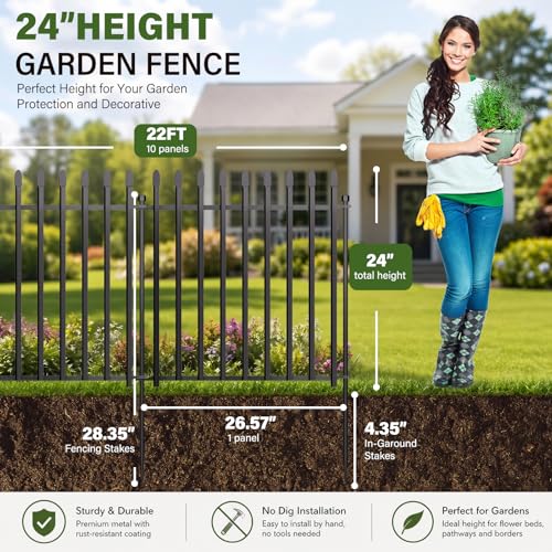 No Dig Decorative Garden Fence, 24in(H)×22ft(L), 10 Panels - size: 24 in(H) X 22 ft(L)