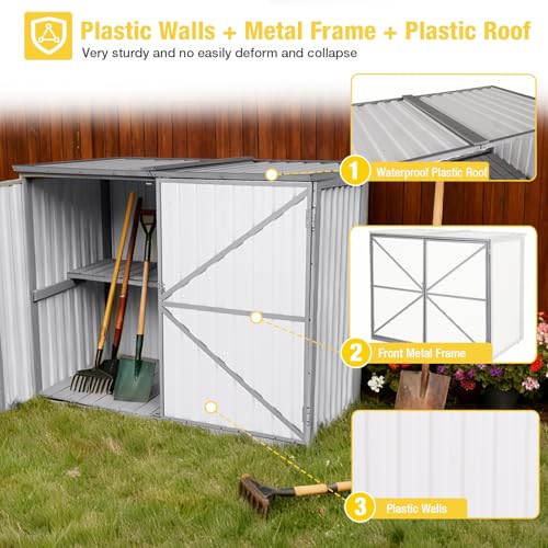 Aivituvin Outdoor Storage Cabinet with Front Metal Frame, Horizontal Garden Storage Shed for Tools and Garbage Cans, Reinforced Roof, Removable Shelving and Bottom (50.4” x 26.7” x 41.4”)