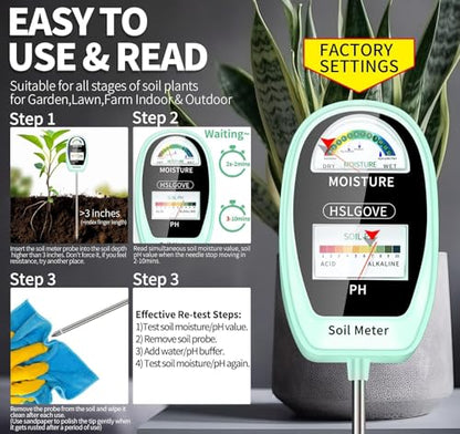 HSLGOVE Soil Test Kit, 2-in-1 Soil Moisture Meter/Soil PH Meter, Dual Screen Soil Tester, Soil Moisture Meter for Plants Watering/Gardening for Lawn,Farm Indoor&Outdoor Use-Lime Green