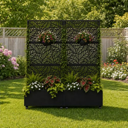 Metal Planter Box with Privacy Screen Trellis & Wheels, 73"x35"x15.6"