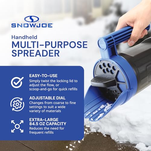 Snow Joe Salt Spreader Handheld - Ice Melt Spreader with 5 lb Capacity, Adjustable Dial Flow Control for Grass Seed, Fertilizer & More, SJSPD1