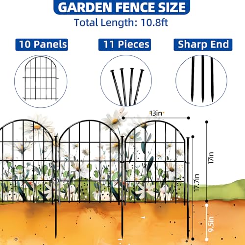 Decorative Garden Fence, 17in X 10.8ft No Dig Fence Panels, Arched Rustproof Metal Garden Fencing Animal Barrier, Flower Bed Edging Border with Ground Stake for Dog, Rabbit, Outdoor Yard Patio Decor - size: 10 Panels, 17in X 10.8ft