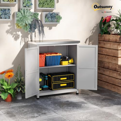 Outsunny Outdoor Storage Cabinet with Metal Tabletop Shelves Gray - color: Gray