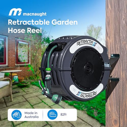 Macnaught Retractable Garden Hose Reel, 82 Ft Water Hose Reel Heavy Duty Retractable Hose with Metal 180° Swivel Rotation Bracket for Wall Mount - Gray - color: Gray, size: 82ft