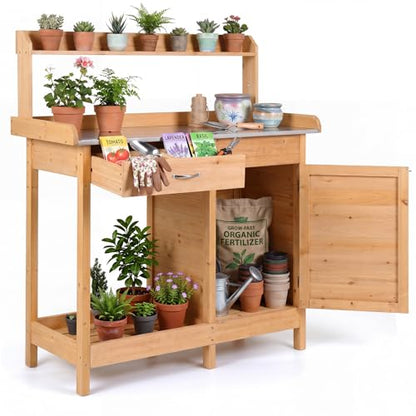 S AFSTAR Outdoor Potting Bench Table, Wooden Garden Work Station with Drawer, Storage Cabinet, Open Shelf, Side Hooks, Metal Tabletop Gardening Workbench, Potting Benches for Outside Backyard Balcony