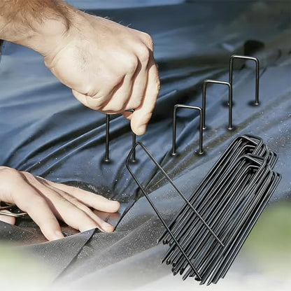 10Pcs Garden Staples Landscape Stakes Ground Pins, Lawn Staples Weed Fabric Staple, Steel Sod Anchor Securing Pegs for Securing Fabric (Black, 10x4cm) - color: Black