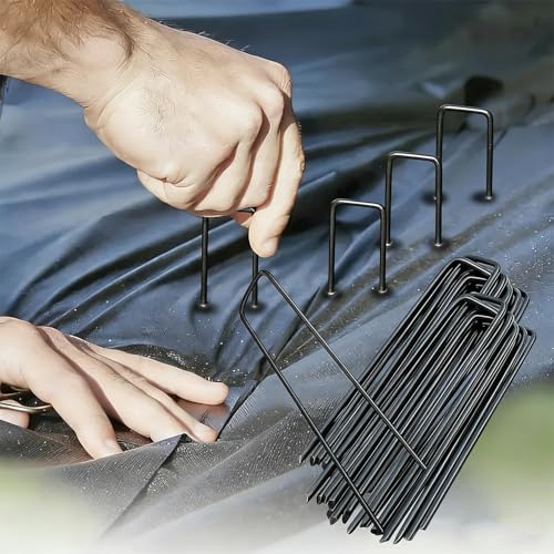 10Pcs Garden Staples Landscape Stakes Ground Pins, Lawn Staples Weed Fabric Staple, Steel Sod Anchor Securing Pegs for Securing Fabric (Black, 10x4cm) - color: Black
