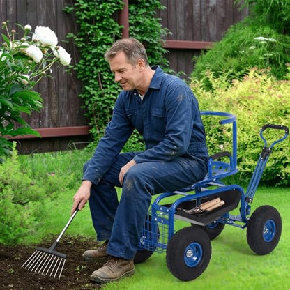 Rolling Garden Cart with Seat, Garden Workseat with 360-Degree Swivel - color: Blue+backrest
