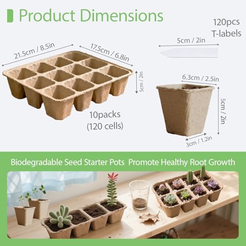 10-Pack Seed Starter Trays – Peat Pots for Seedlings, 120 Biodegradable Seed Starter Pots, Seed Starting Kit with 120 Plant Labels (Large) - size: Large