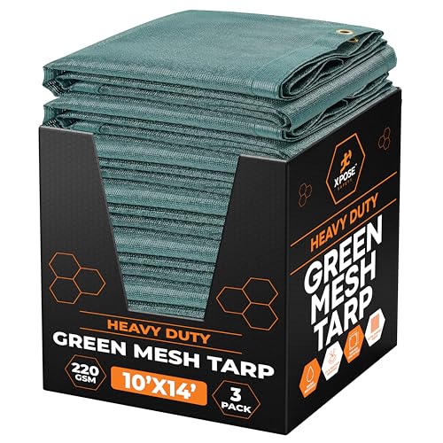 Xpose Safety Heavy Duty Green Mesh Tarp 10' x 14' (3-Pack) – 70% Sunblock Shade Cloth with Grommets for Garden, Fence, Privacy Screen, Canopies, Dump Trucks, Pool Cover – Tear & Weather Resistant - color: Green, size: 10' X 14' (3-Pack)