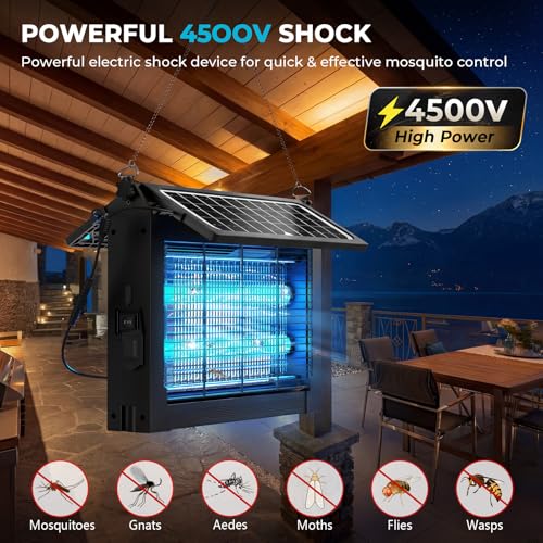 Solar Bug Zapper Outdoor and Indoor, Solar Dual‑Panel Panel with Auto Mode, USB Rechargeable Cordless Fly Traps, 4500V Electric Mosquito Killer for Patio, Backyard, Garden, Camping - color: Black