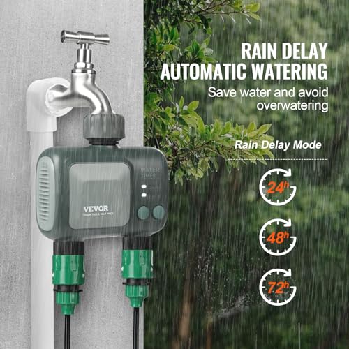 VEVOR Sprinkler Timer WiFi Water Timer, 2 Outlets, Smart Hose Faucet Water Timer with Brass Inlet, APP Remote Control via 2.4Ghz WiFi or Bluetooth, Voice Control, IPX6 for Garden, Yard Watering - style: 2 Outlet with WiFi/Bluetooth.