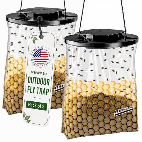 Flies Be Gone Fly Trap – Disposable Outdoor Fly Trap, Protein-Powered Attractant for Farms, Ranches & Patios – Reusable Hanging Fly Catcher, Fast Fly Infestation Control for Livestock & Backyards - size: 2 Traps