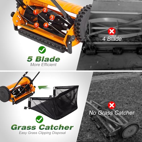 Walensee 16-Inch 5-Blade Push Reel Lawn Mower, Cordless Manual Reel Lawn Mower Walk-Behind Steel Lawn Mowers with Removable 7.9-Gallon Grass Catcher, Sponge Grip, 4-Position Cutting Height Adjustment - size: 16-Inch With Catcher