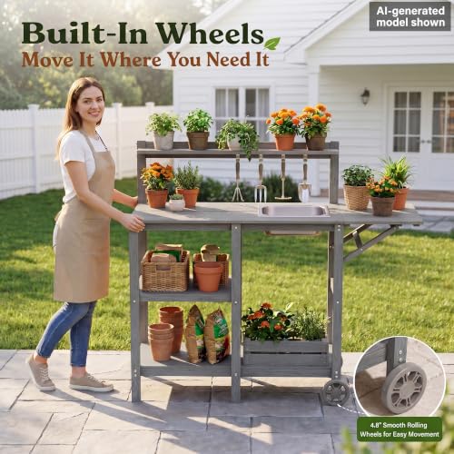 YEFU Potting Bench with Sink, All-Weather Resistant,Grey - color: Gray, size: Premium