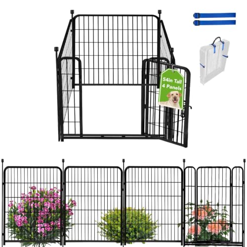 ADAVIN Tall Garden Fence with Low Threshold Door,54 in(H) 4 Panels Total 8.8 Ft(L) Fencing for Dogs, Garden Fence Animal Barrier, Black Iron Metal Heavy Duty Dog Fence Outdoor for Yard - size: 4panels-54in(H)x8.8ft(L)