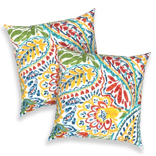 Outdoor 16x16 Inch Throw Pillow Covers Set of 2, All Weather Square Pillow Cases, Covers ONLY, Patio Cushion Pillow of Home Furniture Use, Paisley Multi - color: Paisley Multi, size: 16" x 16" (Pack of 2)