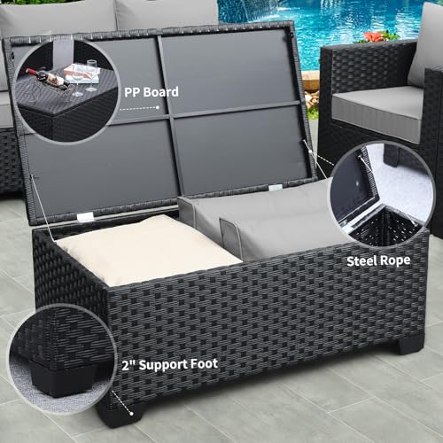 Rattaner Patio Coffee Table with Storage Wicker Outdoor Coffee Table and All-Weather Wicker Side Table with Waterproof Cover, Black - color: Black